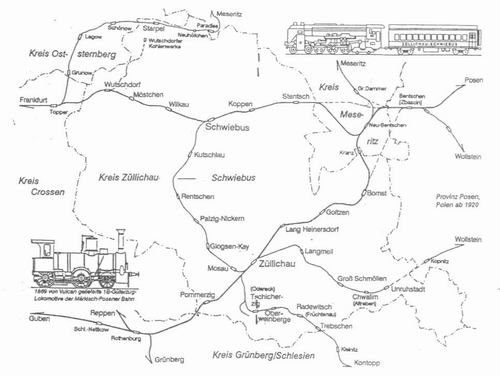 Trasa linii kolejowej z Toporowa do Międzyrzecza oraz okolicznych miejscowości.